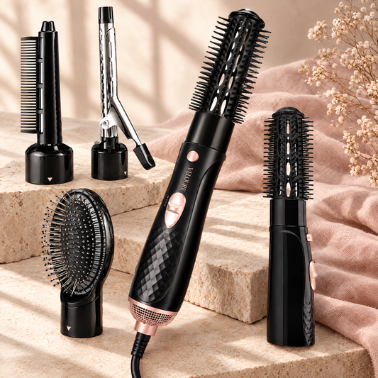 VELOURE 4-in-1 Hot Air Styler with round brush, curling tong, paddle brush and comb